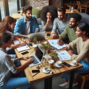 People collaborating on an online business.